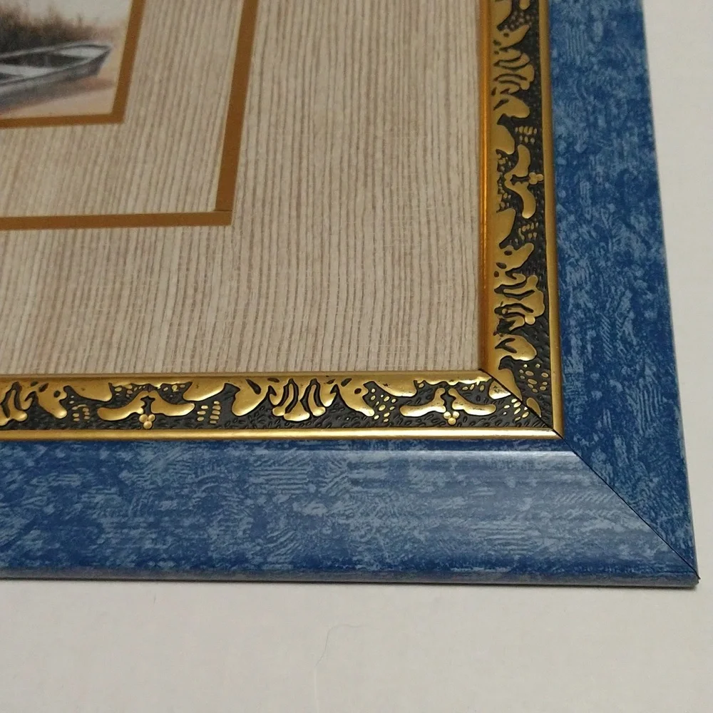 Vintage Elegant Coastal Framed Art with Blue and Gold Accents